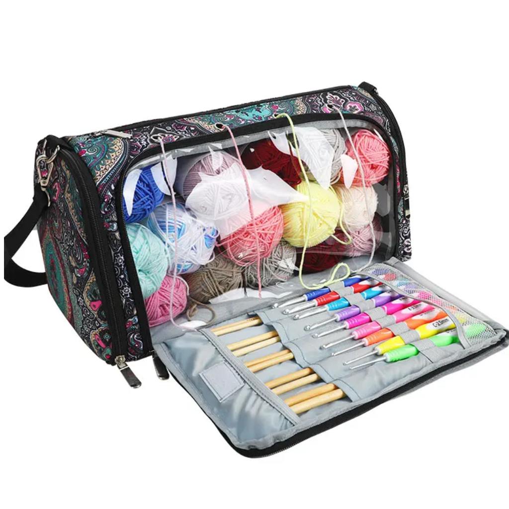 The Vintage Yarn Storage Bag (bundle) is a multifunctional portable storage solution with a transparent cover that beautifully displays various colored yarns. It showcases exceptional crochet organization, complete with a set of crochet hooks neatly arranged in a pouch to enhance crafting efficiency.