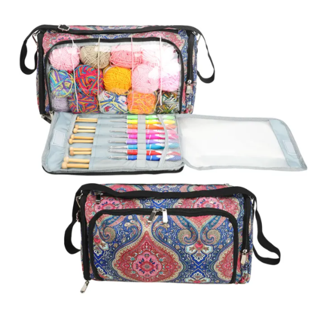 The Vintage Yarn Storage Bag (bundle) is a multifunctional tool that boosts your crafting efficiency with its multiple compartments. The top section is filled with colorful yarn, and another compartment keeps crochet hooks neatly arranged, all wrapped in a vibrant, intricate design ideal for crochet organization.