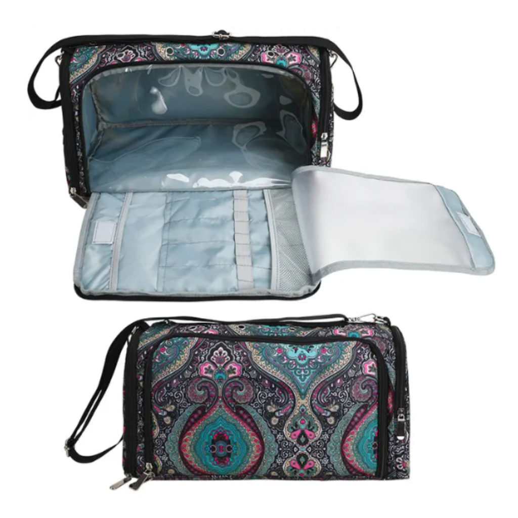 The Vintage Yarn Storage Bag boasts a vibrant paisley pattern and includes crochet pockets along with multiple compartments, providing versatile craft organization. Its zippered design ensures easy portability for your yarn storage needs.