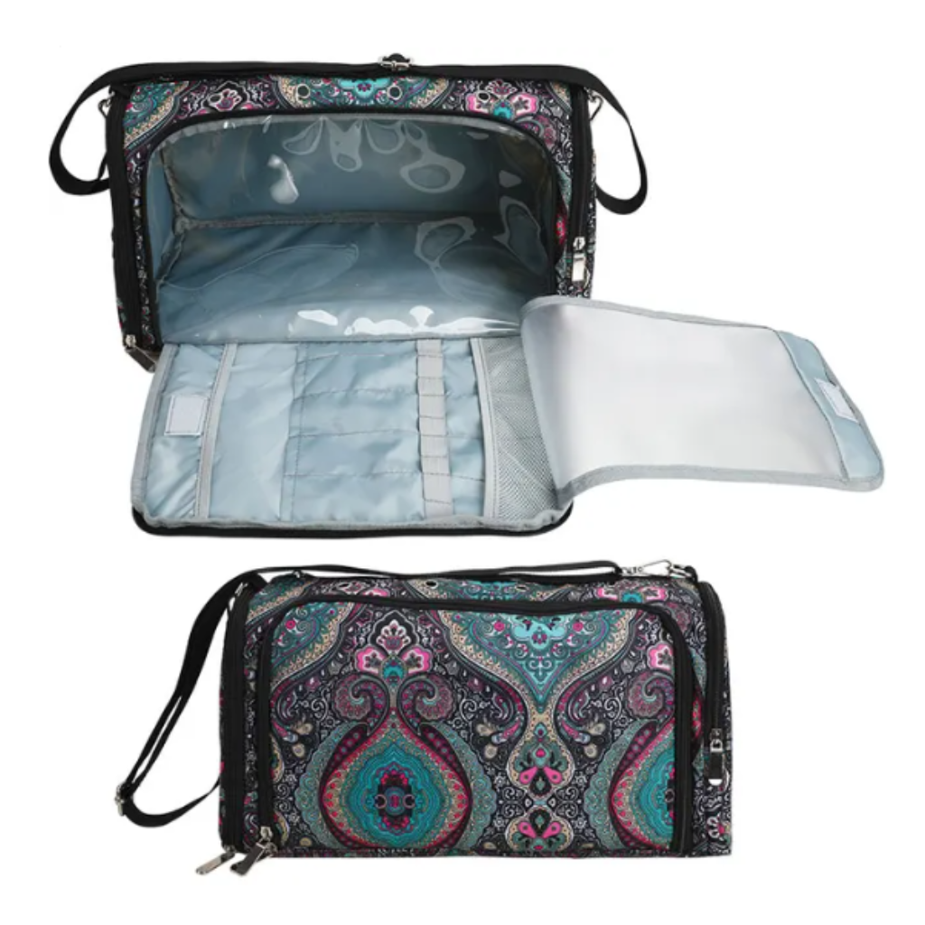 Introducing the Vintage Yarn Storage Bag, a versatile travel cosmetic bag adorned with a vibrant paisley pattern. This multifunctional bag serves as an excellent portable yarn storage solution. The top section is open, equipped with compartments and elastic straps perfect for organizing crochet supplies. An unzipped front pocket reveals extra space for crafting efficiency.