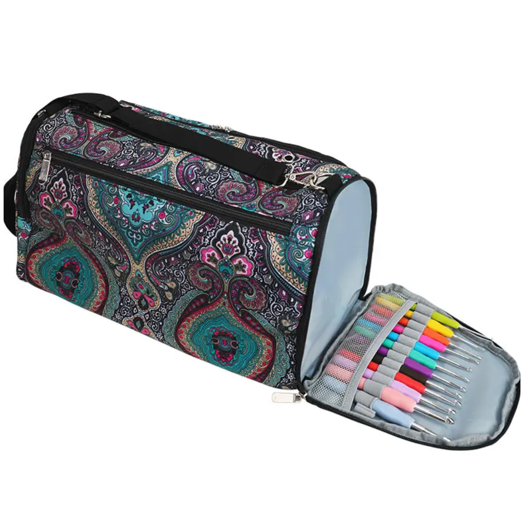 A Vintage Yarn Storage Bag (bundle) designed for crafting efficiency, featuring an open compartment displaying multiple crochet hooks in various colors. This multifunctional portable solution ensures crochet organization on the go.