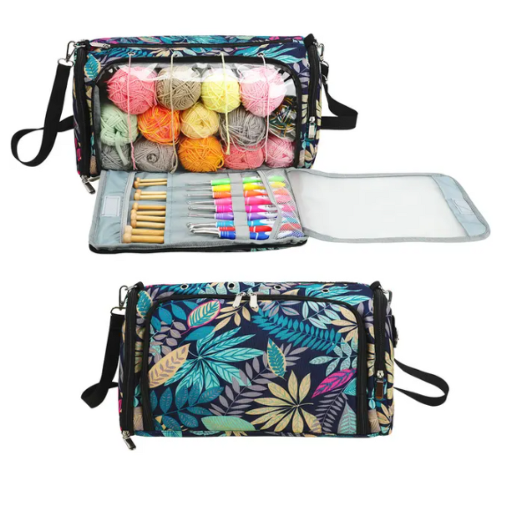 The Vintage Yarn Storage Bag is a floral-patterned, portable solution for organizing craft supplies. It includes crochet pockets and compartments designed to hold multicolored yarn balls and crochet hooks, shown both open and closed for versatile use.