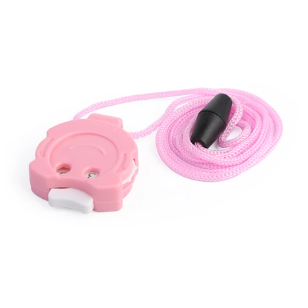 A pink retractable Row Counter for Knitting & Crocheting with a smiley face design, perfect for your days at knitting or crocheting club, featuring a pink cord attached to a black clip.