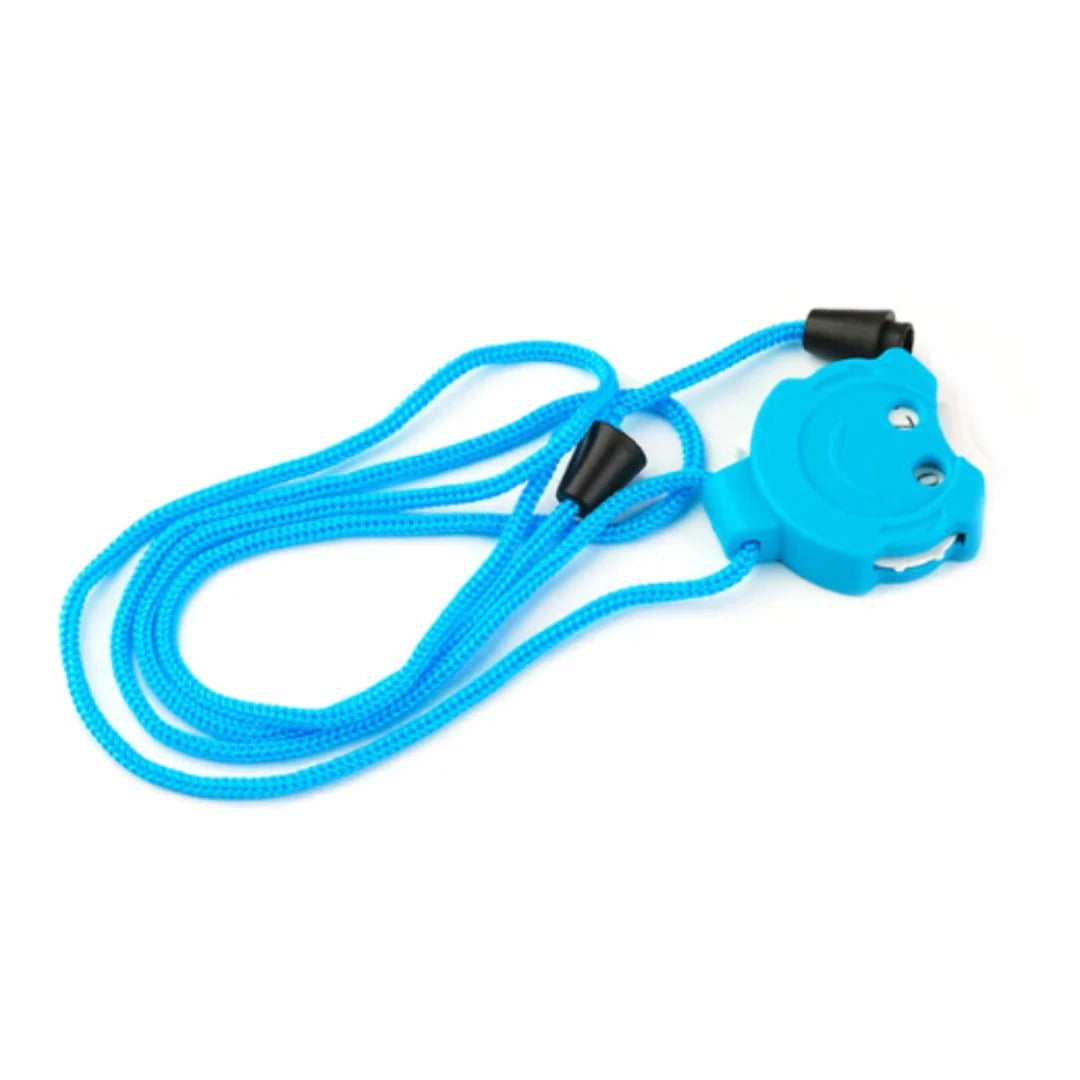 A blue child leash with a bear-shaped wrist strap and adjustable cord, expertly crafted to attract beginner knitters as the ideal accessory for their 35-piece knitting kit.