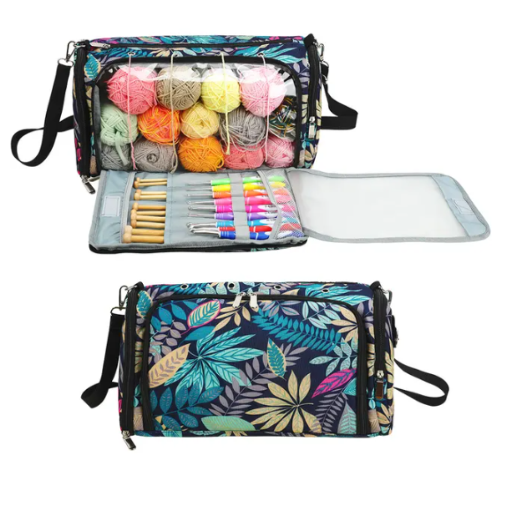 The Vintage Yarn Storage Bag (bundle) features a floral pattern and an open compartment that beautifully displays various colorful yarns, crochet hooks, and accessories. It’s perfect for crafting efficiency and serves as a multifunctional portable storage solution to maintain crochet organization on the go.