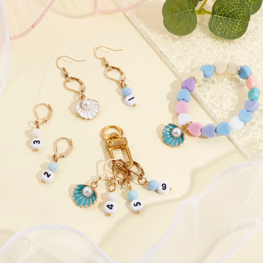 A collection of colorful earrings and a bracelet displayed on a light background with numbered labels, and Stitch Markers 9pcs adding to the crafting charm.