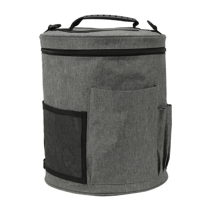 The Yarn Organizer Bag (Bundle9) is a gray cylindrical cooler bag featuring a black zipper, top handle, side mesh pocket, and front pocket—ideal for knitters and crocheters to keep their crafting supplies neat and accessible.