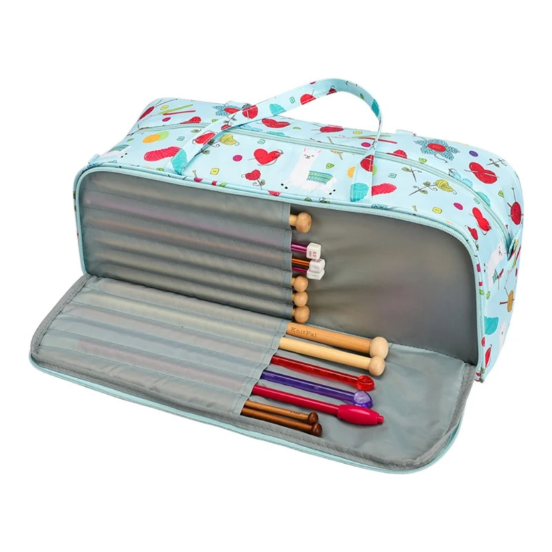 Introducing the Knitting Bag Yarn Storage (bundle), a versatile and sturdy storage solution designed to be water-resistant. It features an open compartment that's perfect for neatly displaying your various knitting needles.