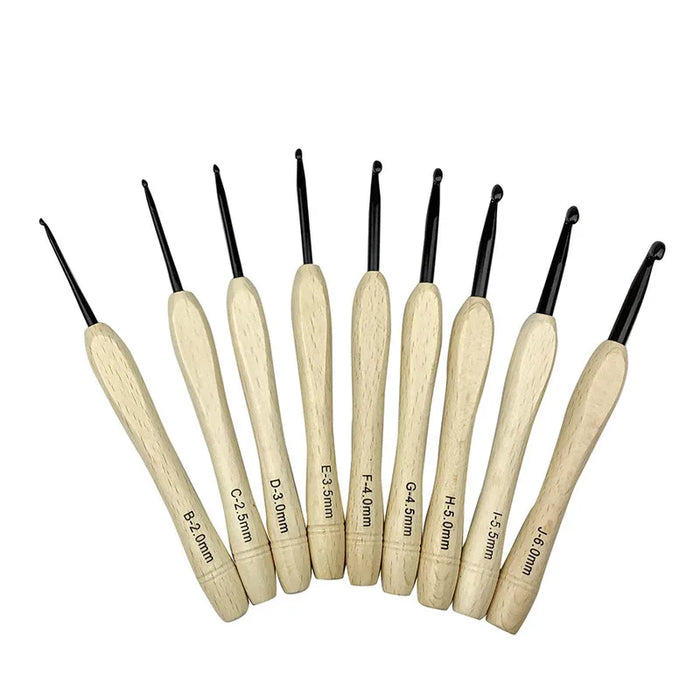 Nine exquisitely crafted Wooden Handle Crochet Hooks with ergonomic grips, each marked with sizes ranging from 2.0mm to 6.0mm, neatly arranged in a row.