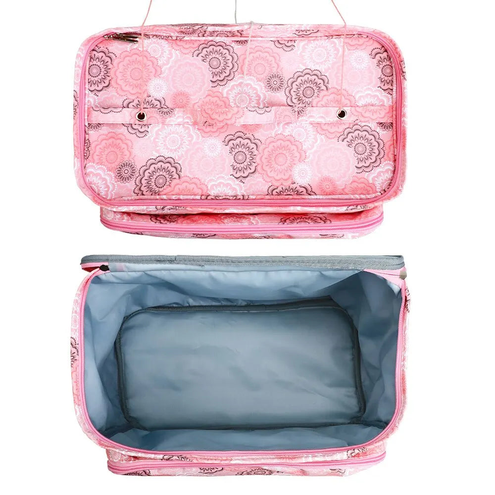 Open pink Multi-Purpose Craft Bag displaying both the patterned interior of the lid and the empty main compartment, now serving as a craft bag for knitting and crocheting essentials.