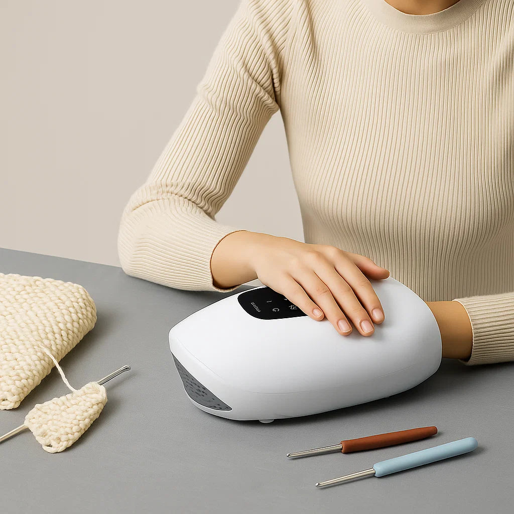 A person rests their hand on a Rechargeable Hand Massager with 5 Modes, featuring an ergonomic white design, placed on a table alongside crochet hooks and a piece of knitted fabric.