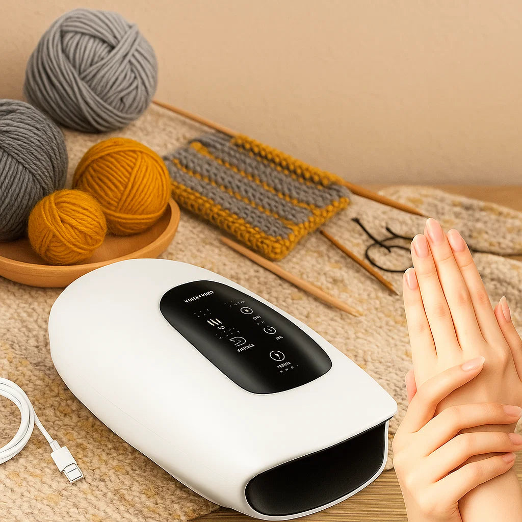 A person rubs their hands near the Rechargeable Hand Massager with 5 Modes, set on a table with yarn, knitting needles, and a knitted swatch—ideal for knitters seeking hand fatigue relief, with its USB cable beside it.