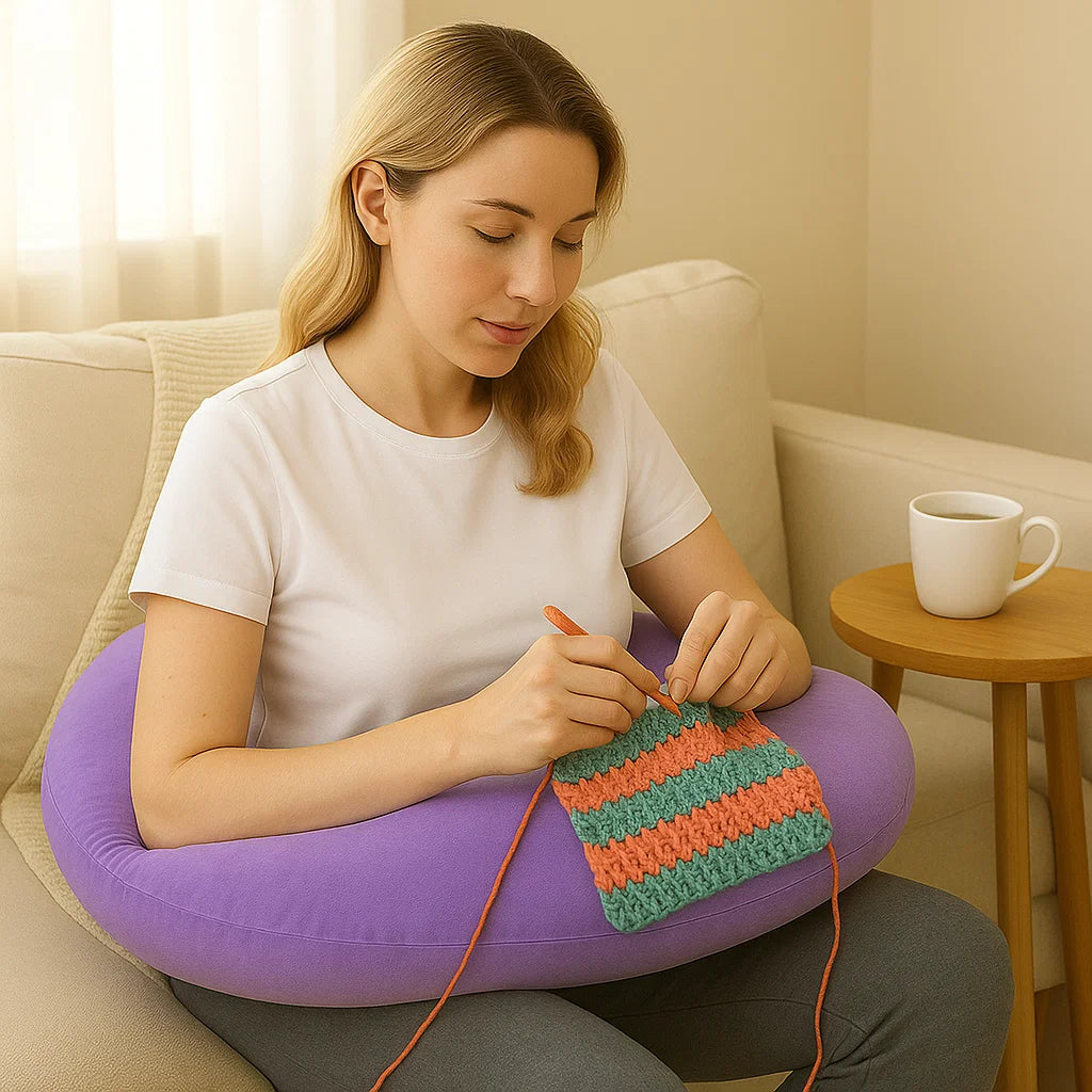A woman relaxes on a couch, crocheting stripes with green and orange yarn while using a purple Crochet & Knit Support Pillow; a white mug sits on the nearby table.