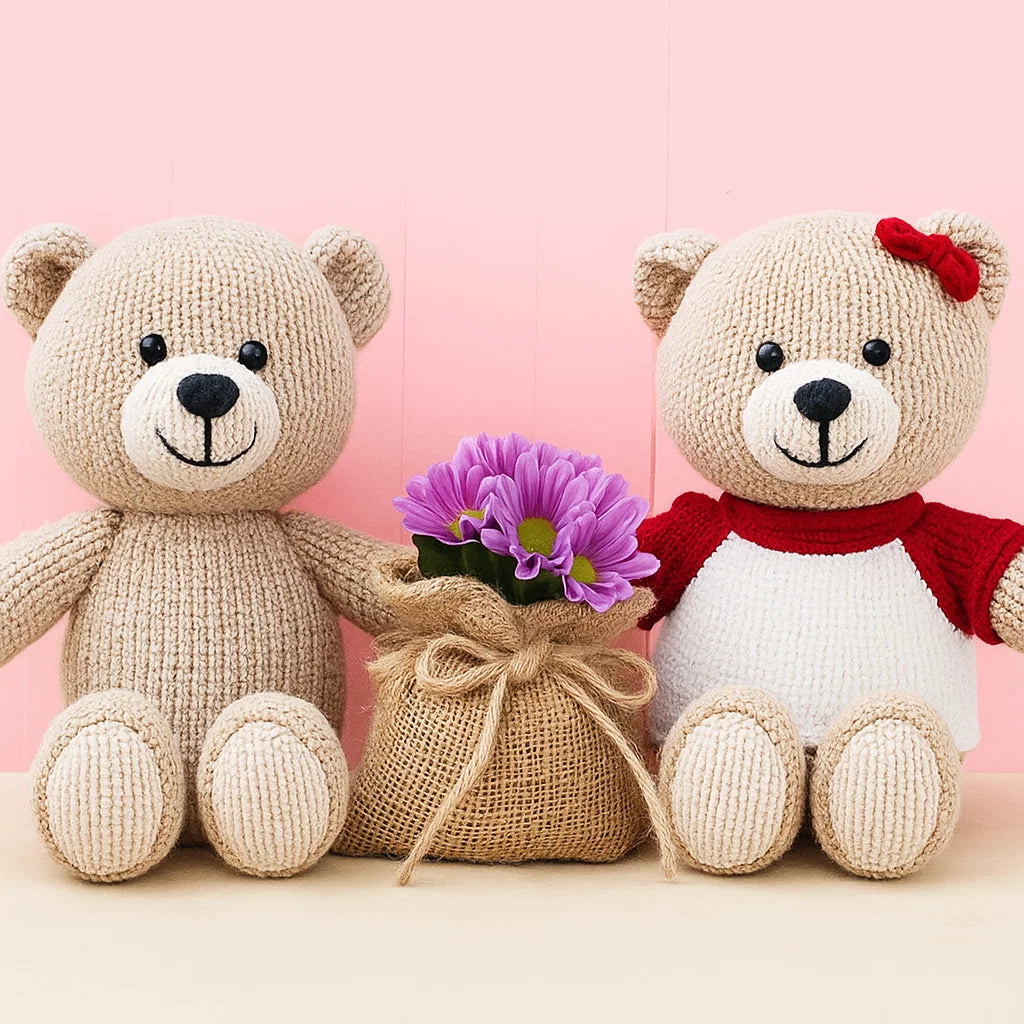 Two knitted teddy bears, each with Crafting Safety Eyes & Noses Set, sit by a burlap sack of purple flowers on a pink background. The right bear wears a red and white shirt with a red bow.