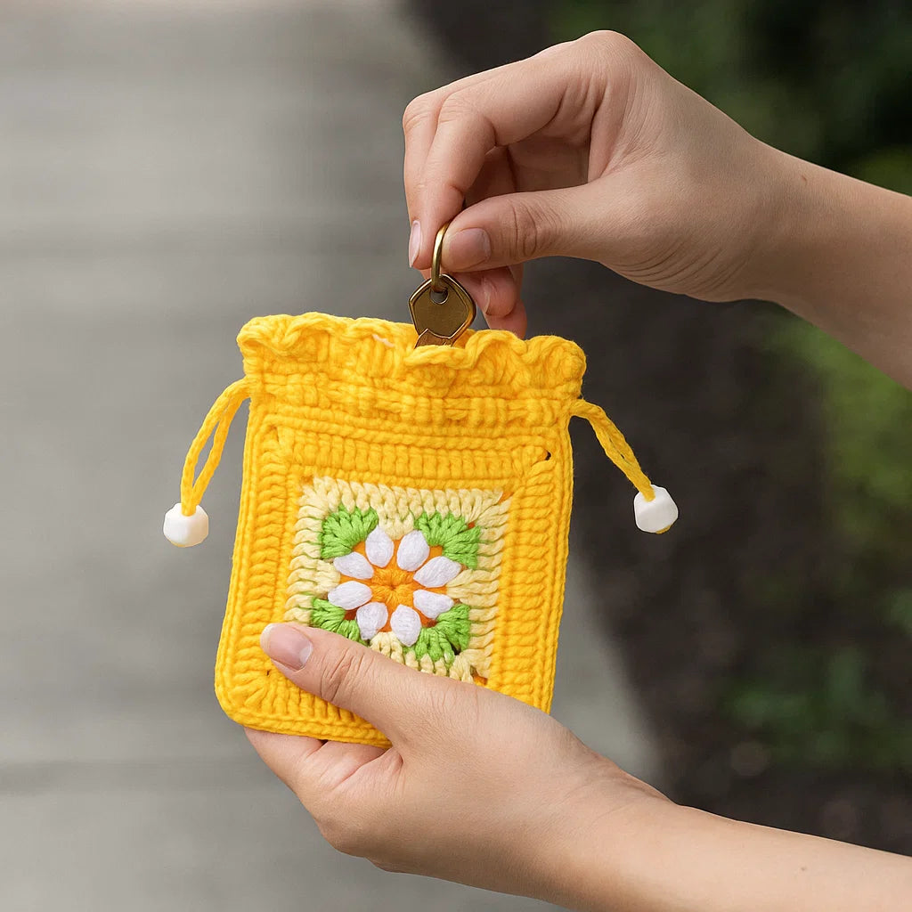 A person stands outdoors, placing a key into a Crochet Flower Purse made with the Crochet Flower Purse Kit, featuring yellow yarn, floral patterns, and drawstrings.