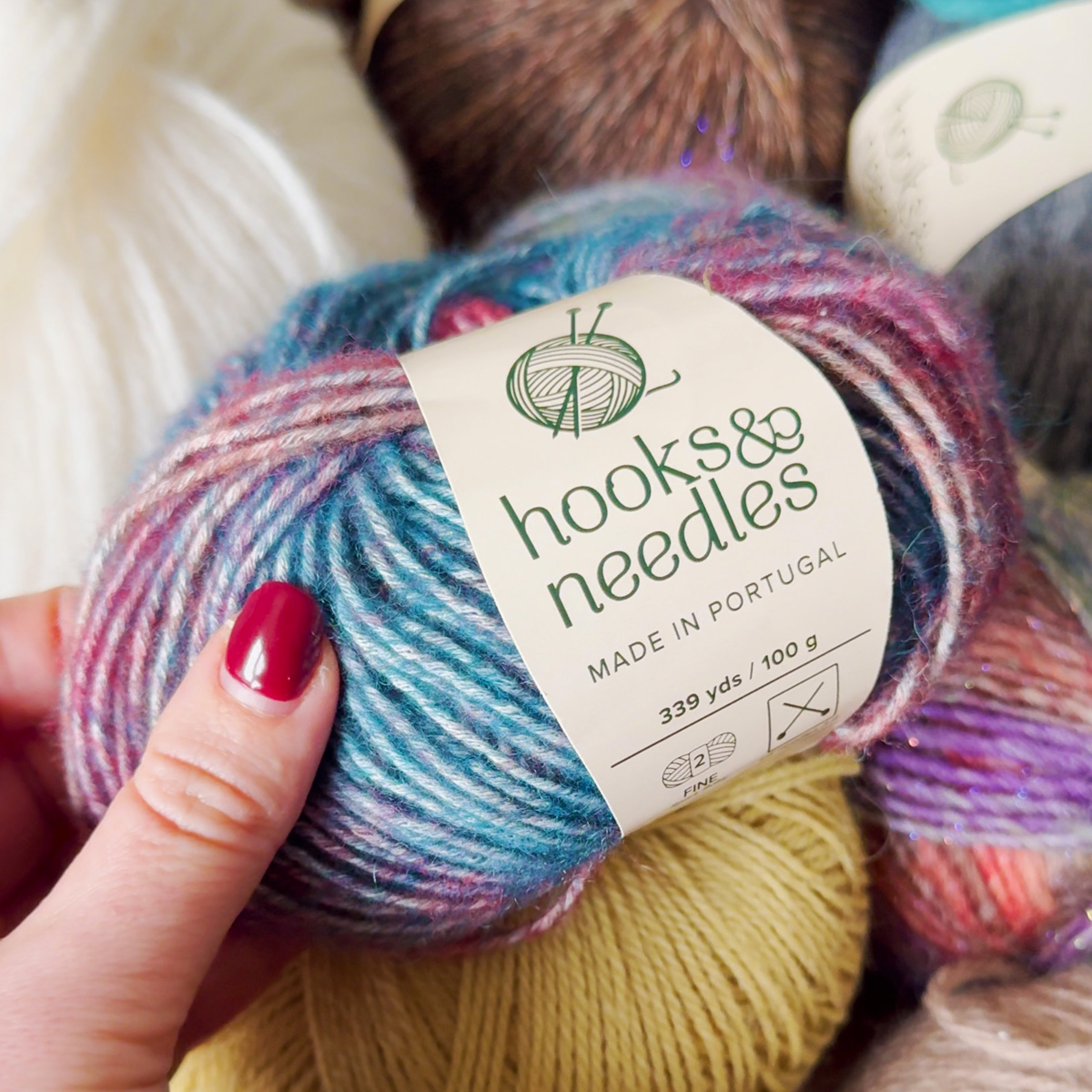 Hand holding a skein of multicolored yarn labeled "Hooks & Needles Subscription Box #10, made in Portugal" with other yarn skeins in the background.