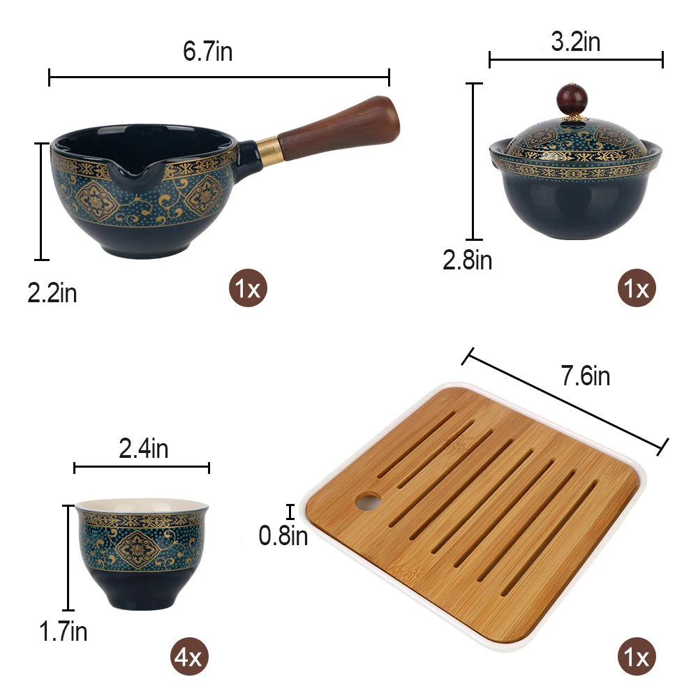 A set of traditional blue and gold patterned Asian cookware, including a Tea Making Set With Cups and Travel Case for brewing flavorful tea, four small bowls, and a bamboo cutting board with dimensions labeled. Includes a wok and a covered bowl.
