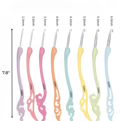 The Vintage-Style Crochet Hook Set 8 Pcs features soft, ergonomic pastel handles labeled from 2.5mm to 6.0mm, arranged in a row and measuring 7.8 inches tall as shown on the left.