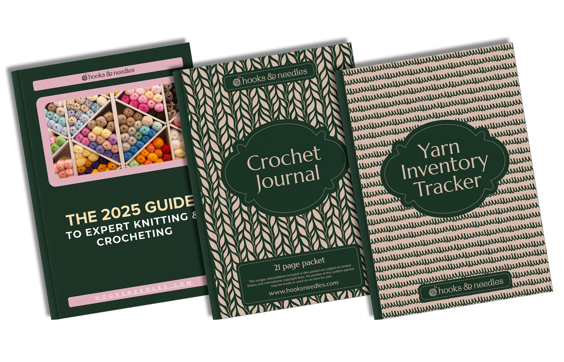 The "Digital Bundle for Crochet" includes three books: "The 2025 Guide to Expert Knitting & Crocheting," "Crochet Journal," and "Yarn Inventory Tracker," all with green and beige covers.