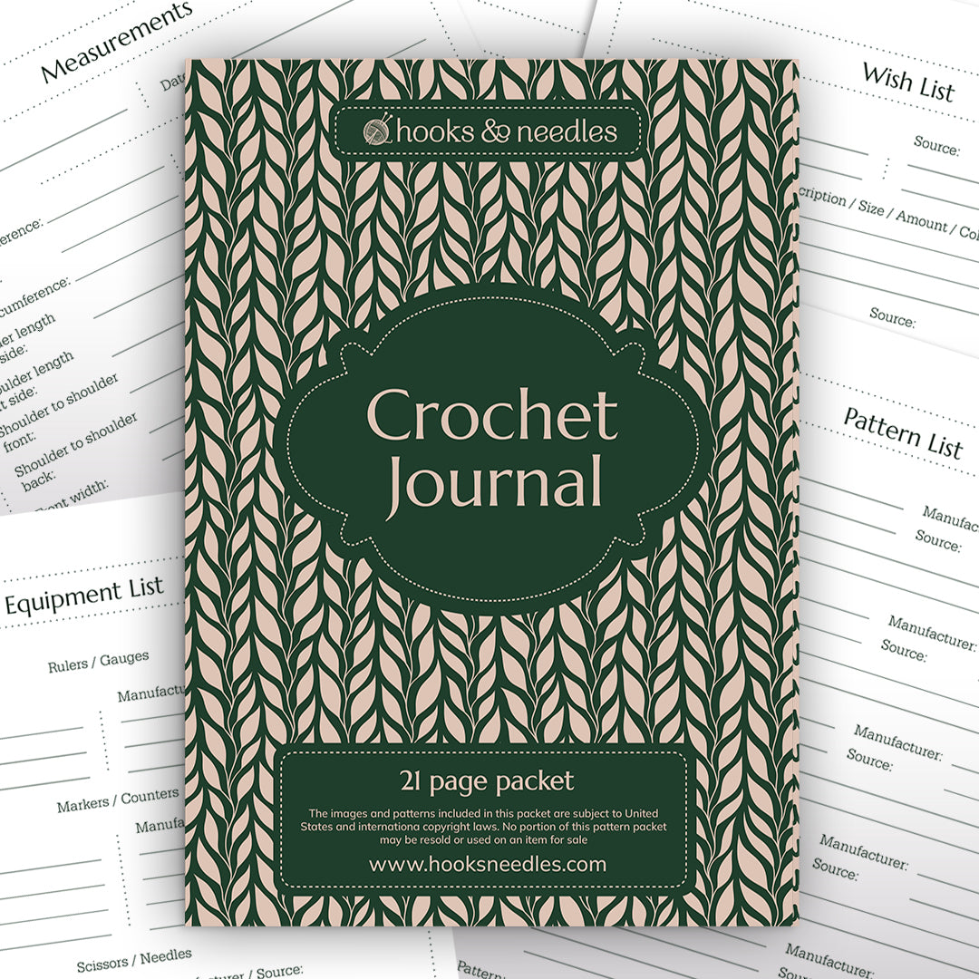 Cover of a "Crochet Journal" with a green leaf pattern. The text indicates it is a 21-page packet by "Hooks & Needles." Background displays pages with sections for measurements, pattern list, and equipment list.