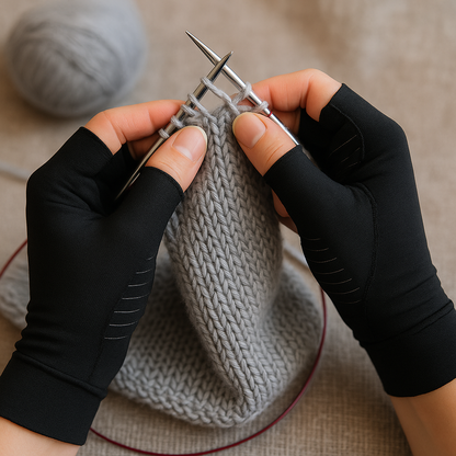 Wearing Arthritis Pain Relief Gloves, hands knit gray fabric with metal needles—enjoying crafting without pain as a ball of yarn rests in the background.