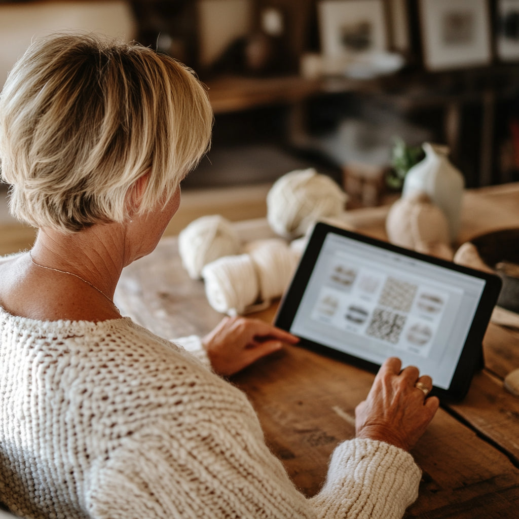 A person with short hair uses a tablet at a wooden table, with Hooks & Needles Pattern Club yarn and pottery visible in the background.