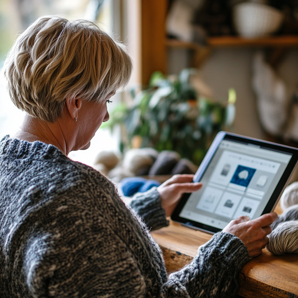 A person with short blond hair in a sweater sits by a window, using a tablet computer surrounded by various yarns. They are likely exploring the Hooks & Needles Pattern Club.