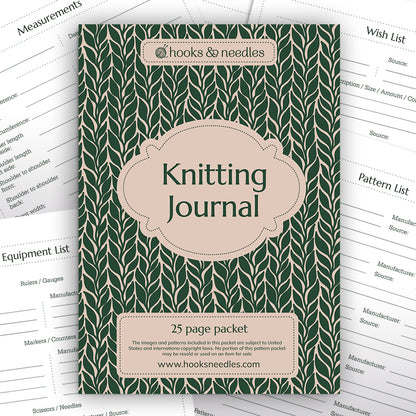 A 25-page Knitting Journal with a green leaf pattern cover by "hooks & needles." The journal includes sections for notes, measurements, a pattern list, and equipment lists.