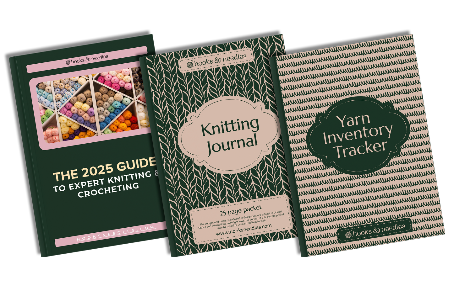 Three knitting-themed books from the "Digital Bundle for Knitting" by Hooks & Needles are displayed: "The 2025 Guide to Expert Knitting & Crocheting," "Knitting Journal," and "Yarn Inventory Tracker.