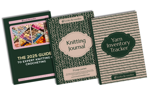 Three knitting-themed books from the "Digital Bundle for Knitting" by Hooks & Needles are displayed: "The 2025 Guide to Expert Knitting & Crocheting," "Knitting Journal," and "Yarn Inventory Tracker.