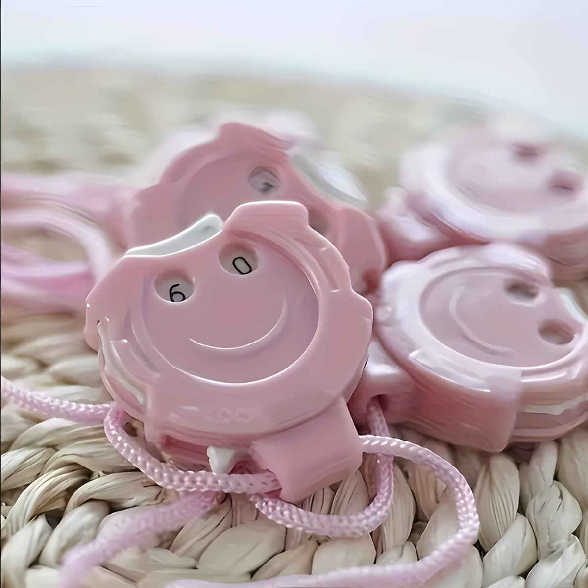 Close-up of several pink Row Counter for Knitting & Crocheting clips with strings on a woven surface—perfect as a cute crochet accessory or mini row counter for your next project.