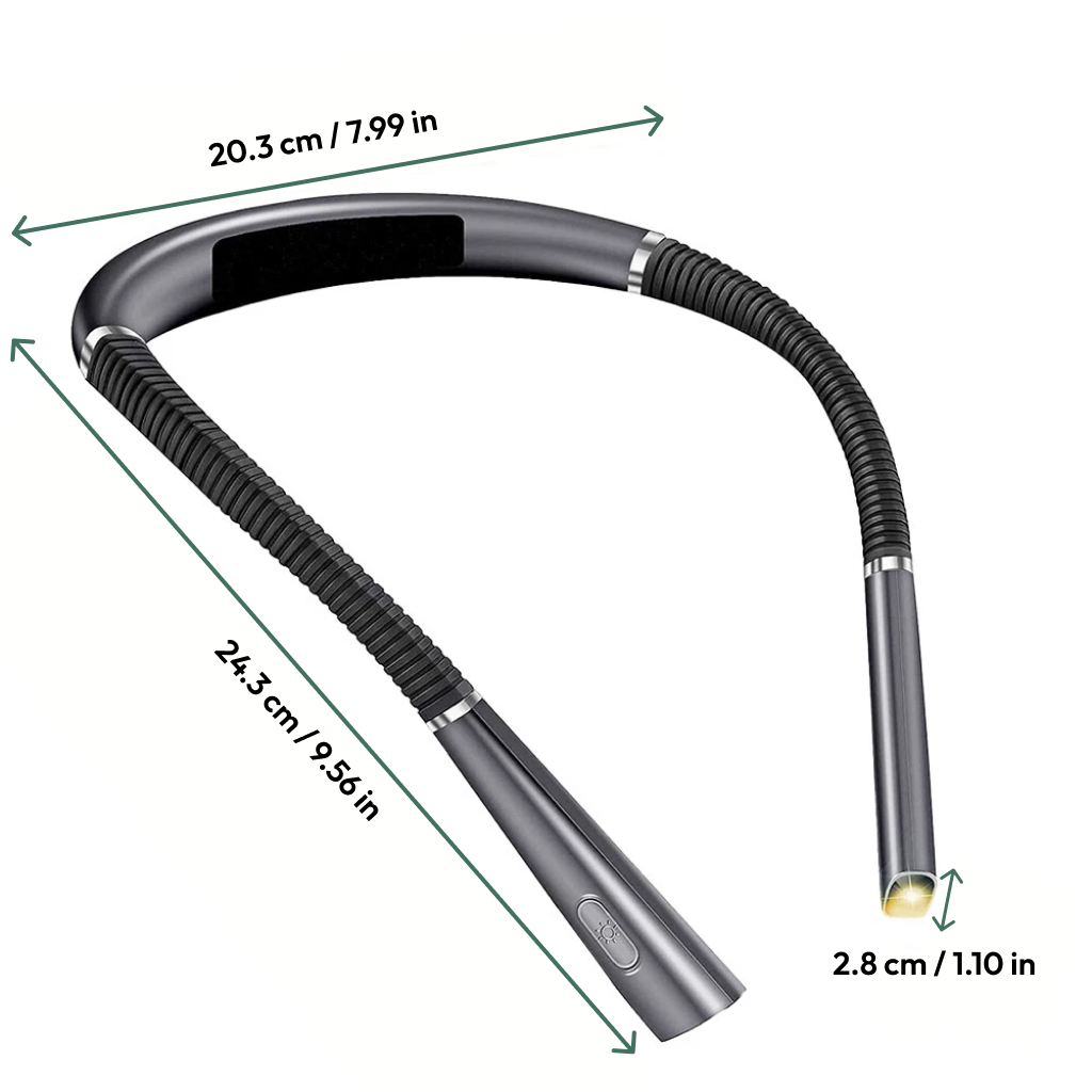 The Crocheting/Knitting Neck Lamp features a flexible neck, LED light, and control button. Measuring 24.3cm x 20.3cm x 2.8cm, it's ideal for hands-free reading or crafting in any lighting condition.