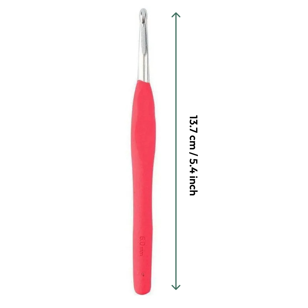 A red-handled, ergonomic crochet hook from the Ergonomic Crochet Hook Set 9 Pcs, measuring 13.7 cm (5.4 inches) in length.