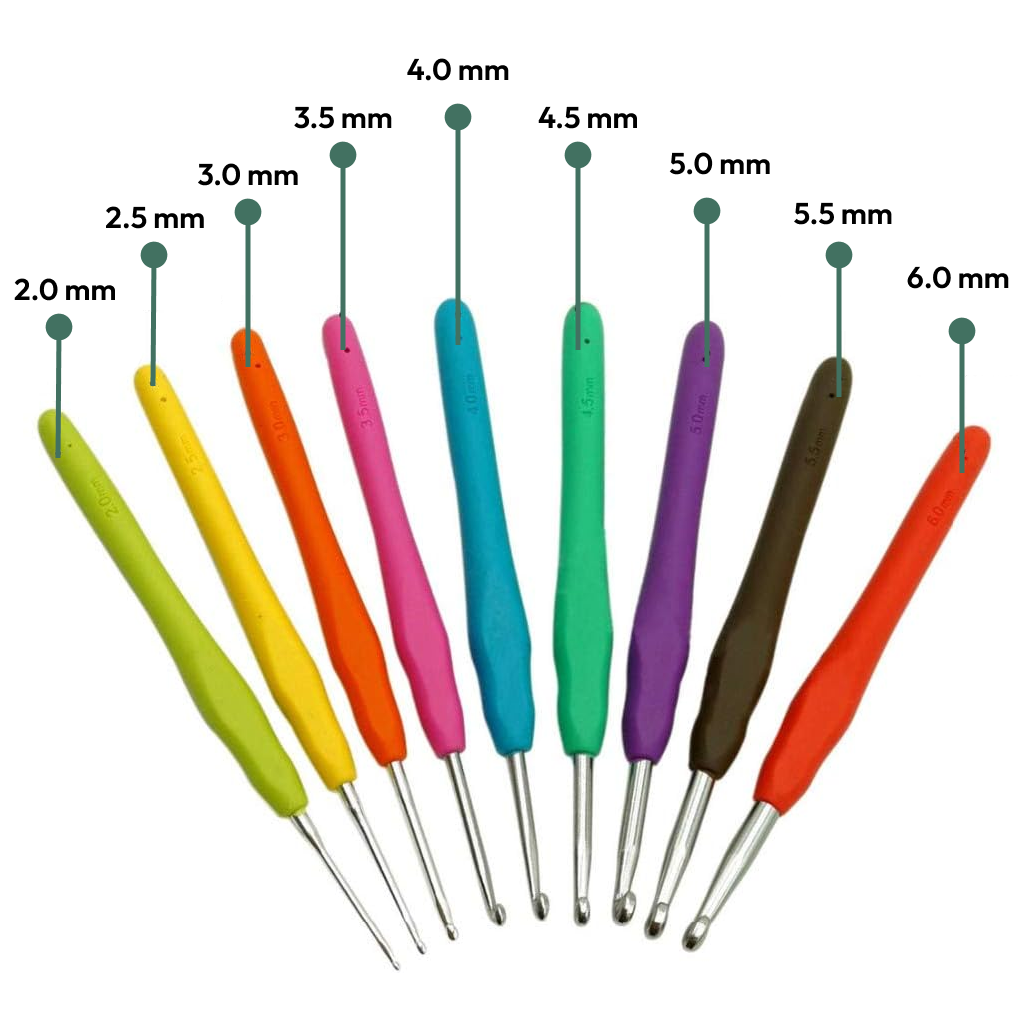 The Ergonomic Crochet Hook Set 9 Pcs features nine colorful, soft-grip aluminum hooks labeled with sizes from 2.0 mm to 6.0 mm, arranged side by side for easy selection.