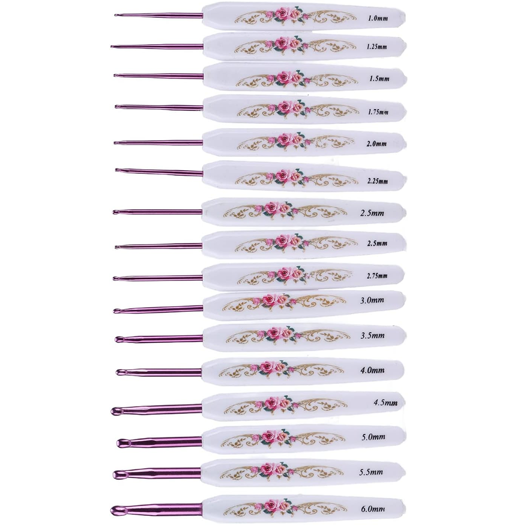The Crochet Hook Set 16 Pcs with Case includes sixteen lightweight hooks with artistic white floral handles, sized 1.0 mm to 6.0 mm, and neatly organized in a vertical row.