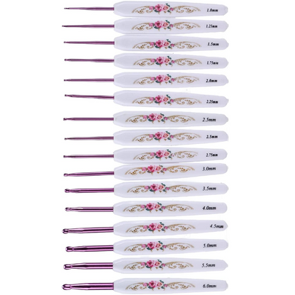 The Crochet Hook Set 16 Pcs with Case includes sixteen lightweight hooks with artistic white floral handles, sized 1.0 mm to 6.0 mm, and neatly organized in a vertical row.