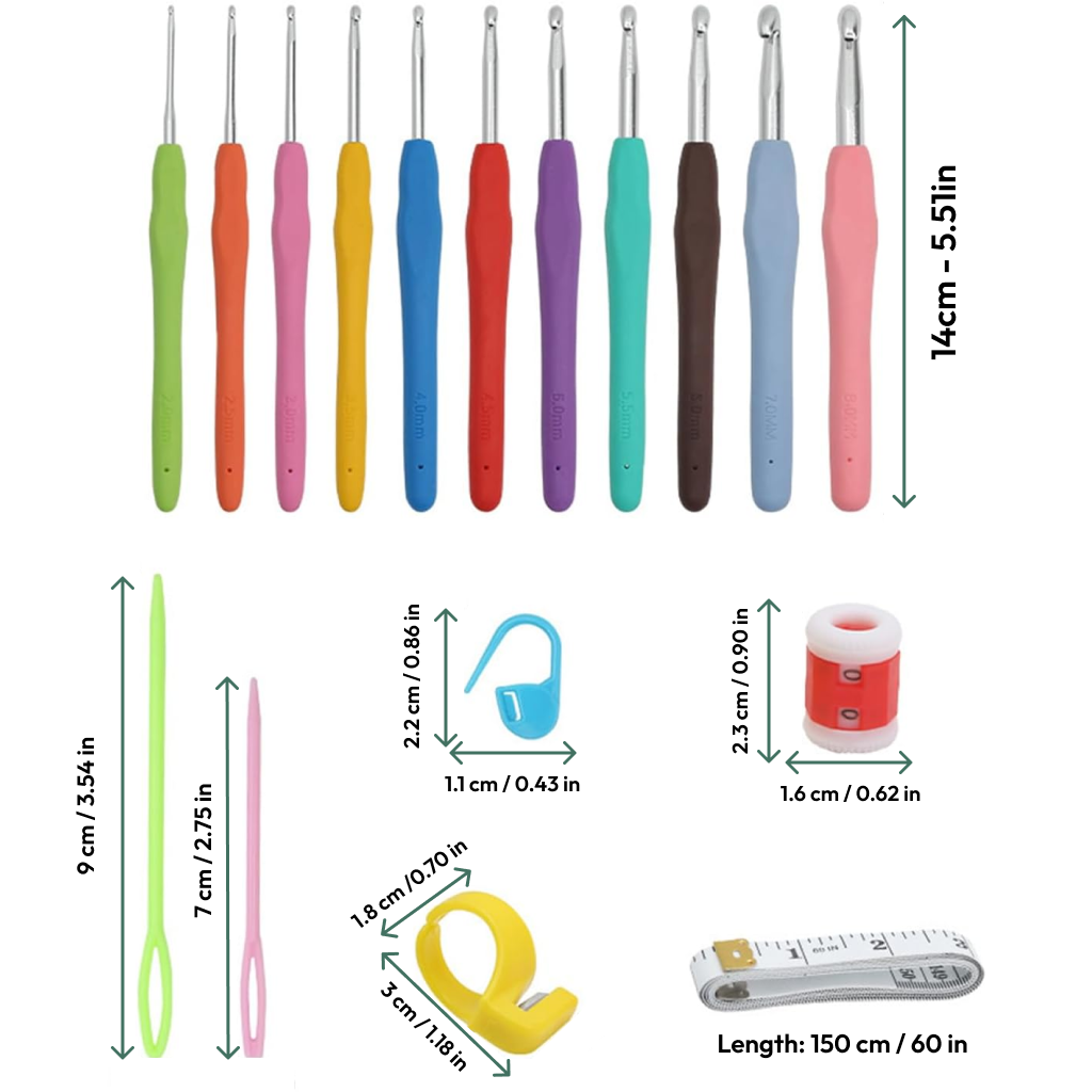 The Crochet Hook Set 31 Pcs with Bag includes 9 colorful hooks, plastic sewing needles, stitch markers, a yarn cutter, thimble, and 60" tape—perfect for beginners. Each tool is shown with its measurements for easy use.