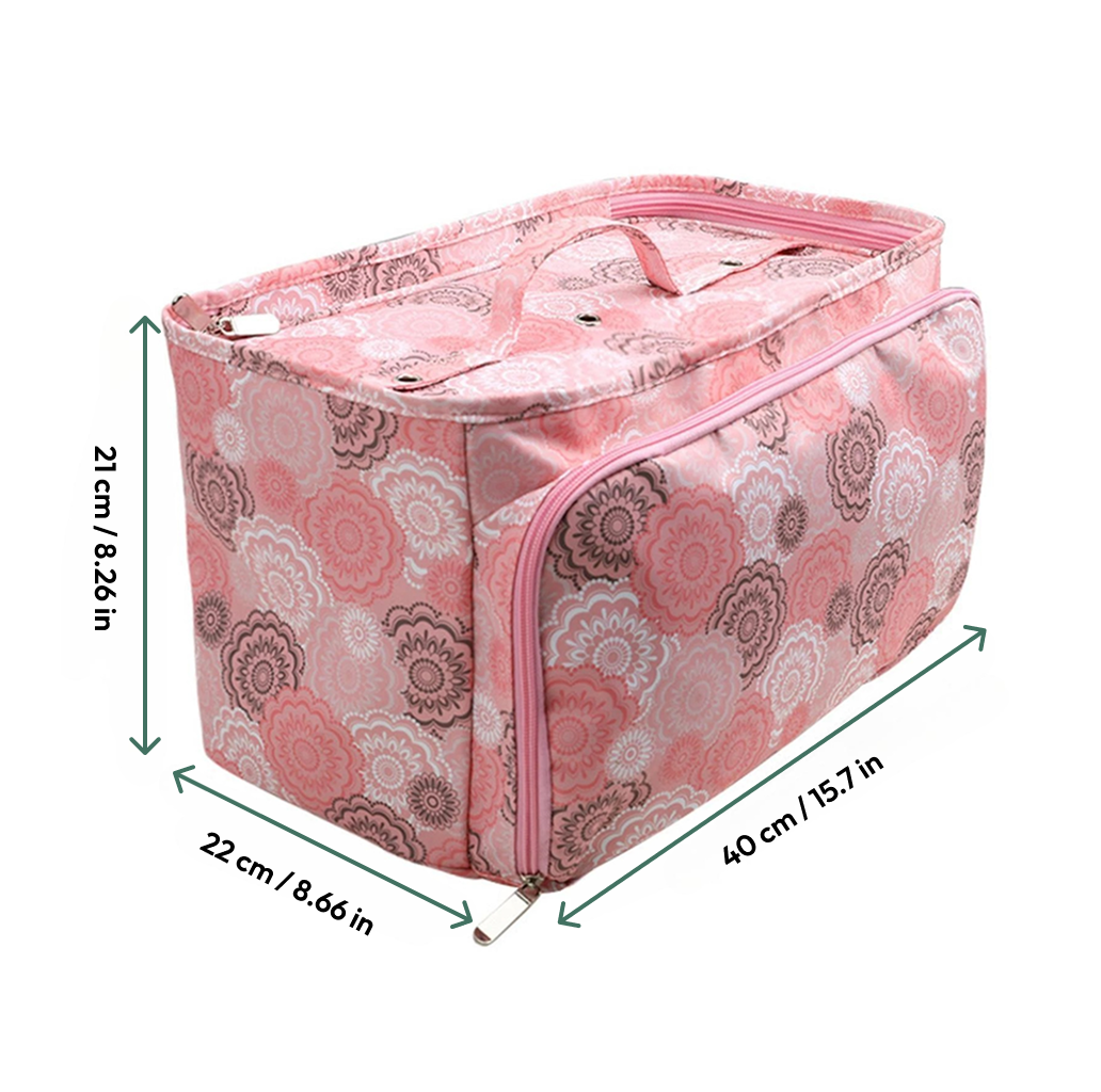 The Multi-Purpose Craft Bag features a charming pink floral pattern, sturdy handles, and zipper closure—ideal for storing crafting materials. Measures 40 cm x 22 cm x 21 cm.