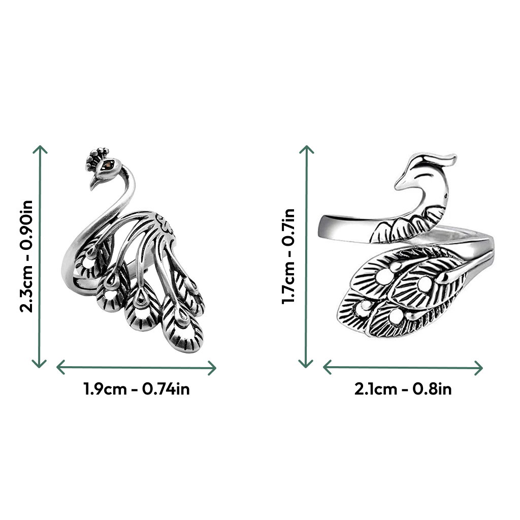 Two Yarn Tension Control Rings are shown with dimensions: the left ring is 2.3cm x 1.9cm, and the right is 1.7cm x 2.1cm, both crafted from Stainless Steel with unique designs and elegant feather details.