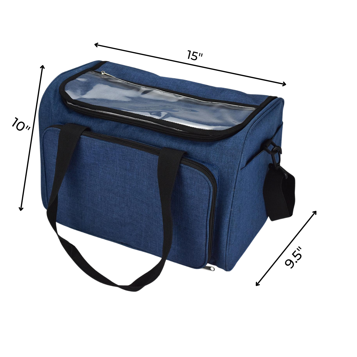 The Large Yarn Organizer Bag is a blue rectangular bag (15" x 10" x 9.5") with black straps and a transparent top—ideal for knitting storage.