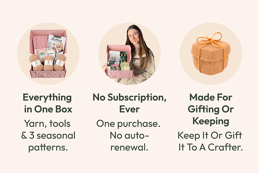 Everything in One Box: yarn, tools and 3 seasonal patterns. No Subscription, Ever: one purchase, no auto-renewal. Made for Gifting or Keeping: keep it or gift it to a crafter.